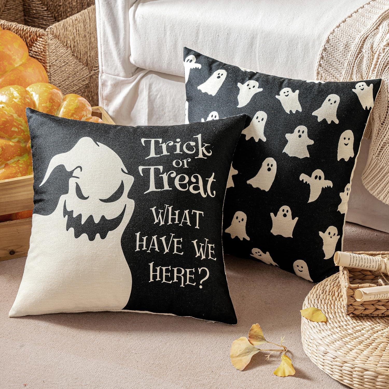 Halloween Pillow Covers 18X18 Inch Spooky Baby Cute Ghost Throw Pillow Covers Horror Scary Cushion Case for Sofa Couch Set of 4 Black