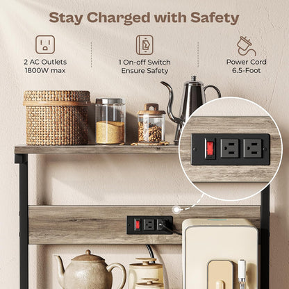 Professional Kitchen Bakers Rack with Power Outlet, Multi-Tier Coffee Bar Table, Microwave Stand, and Storage Shelf with S-Hooks - Greige
