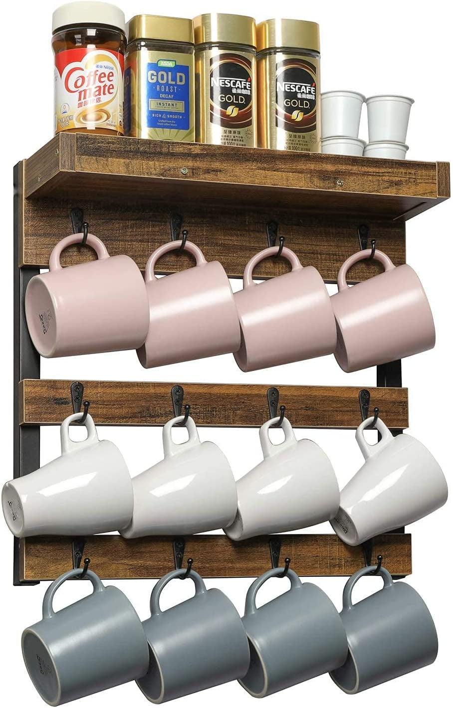Coffee Mug Rack Wall Mounted, Rustic Wood Cups Rack with 12 Hooks and Storage Shelf, for Home Kitchen Display and Collection (Rustic Brown)