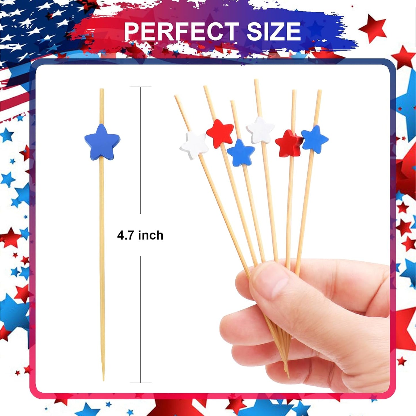 100PCS 4Th of July Cocktail Picks, Red White Blue Star Bamboo Toothpicks for Appetizers, 4.7 in Charcuterie Skewers Sticks for Fourth of July Party Supplies Independence Day Patriotic Decorations