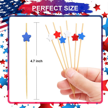 100PCS 4Th of July Cocktail Picks, Red White Blue Star Bamboo Toothpicks for Appetizers, 4.7 in Charcuterie Skewers Sticks for Fourth of July Party Supplies Independence Day Patriotic Decorations