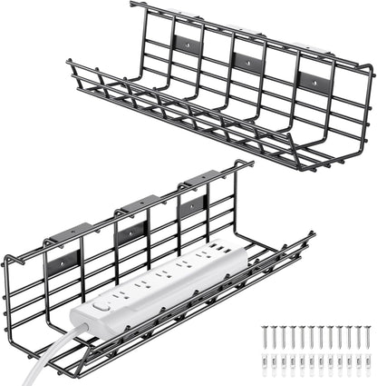 2 Pack  under Desk Cable Management Tray, Large Metal Cord Organizer, Office & Home Cord Wire Management under Desk Shelf, Easy Install Pre-Drilled Cable Organizer, Black