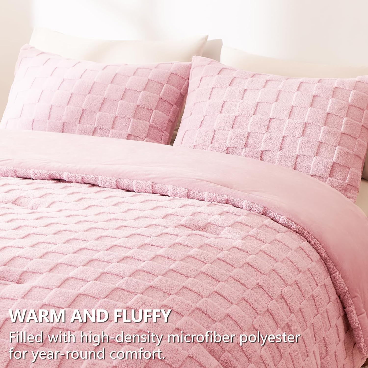 Queen Size Comforter Set Blush Pink, Fluffy Plush Fleece Comforter with Checkered Pattern, Farmhouse Boho Soft Warm Bed Set, 3 Pieces, 1 Comforter and 2 Pillowcases