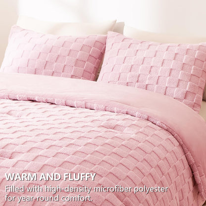 Queen Size Comforter Set Blush Pink, Fluffy Plush Fleece Comforter with Checkered Pattern, Farmhouse Boho Soft Warm Bed Set, 3 Pieces, 1 Comforter and 2 Pillowcases