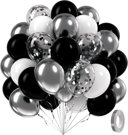 60Pcs Black and Silver Balloons 12Inch, Black and White Balloons with Metallic Silver Confetti Balloons for Baby Shower Wedding Birthday Graduation Party Decorations