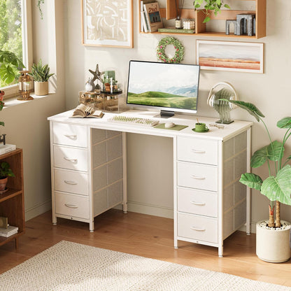 47-Inch White Vanity Desk with 8 Fabric Drawers - Spacious Computer Desk for Home Office and Bedroom Storage