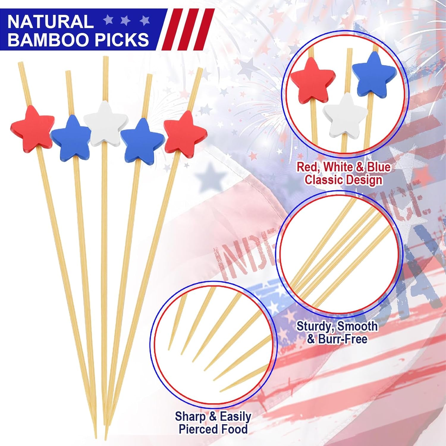 100PCS 4Th of July Cocktail Picks, Red White Blue Star Bamboo Toothpicks for Appetizers, 4.7 in Charcuterie Skewers Sticks for Fourth of July Party Supplies Independence Day Patriotic Decorations