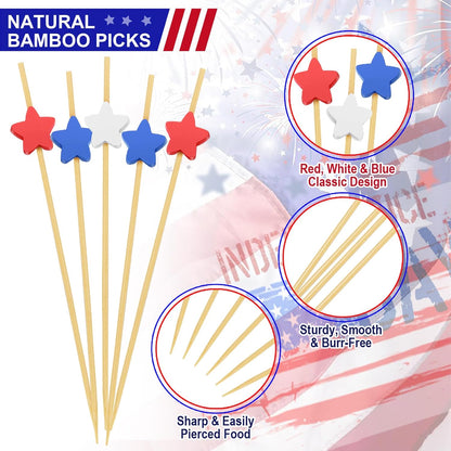 100PCS 4Th of July Cocktail Picks, Red White Blue Star Bamboo Toothpicks for Appetizers, 4.7 in Charcuterie Skewers Sticks for Fourth of July Party Supplies Independence Day Patriotic Decorations
