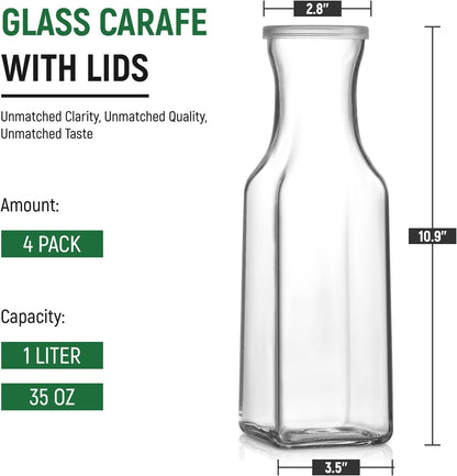 Set of 4 Square Glass Carafe with Lid, 1 Liter Clear Glass Pitcher, Beverage Serveware Carafe for Mimosa Bar, Brunch, Cold Water, Juice, Milk, Iced Tea, Lemonade