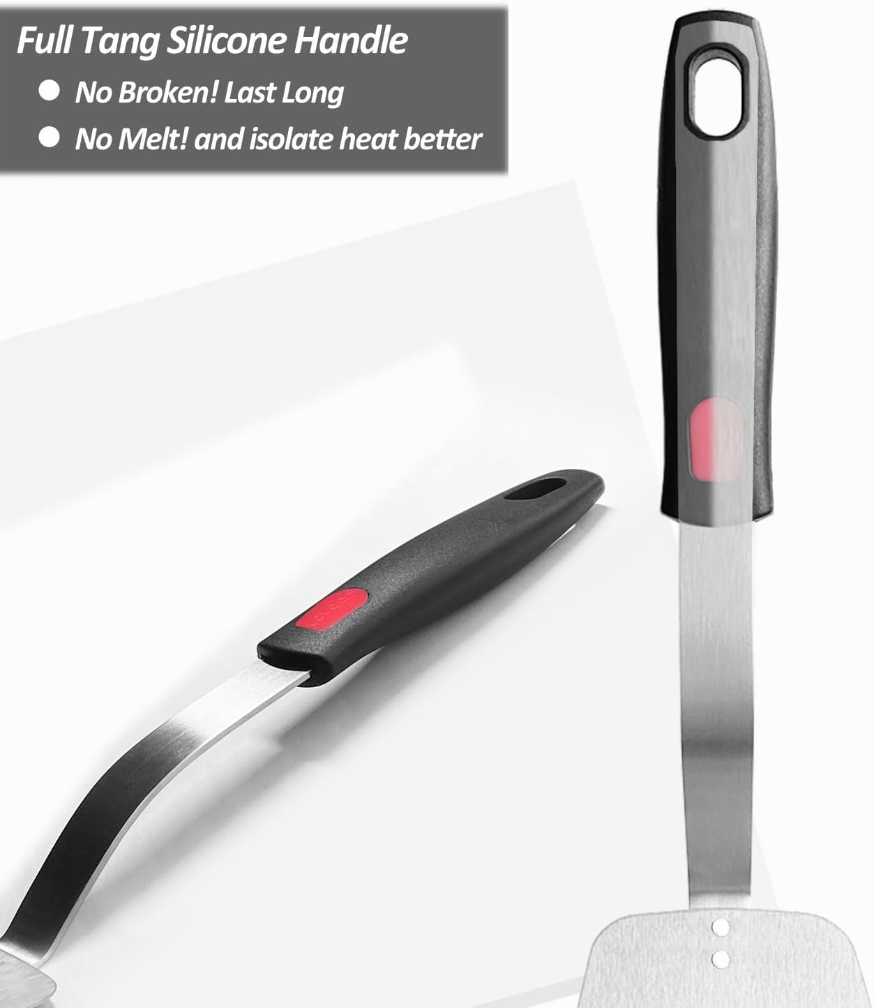 Stainless Steel Flexible Spatula Turner, Thin Slotted Metal Spatula for Cast Iron Skillet, Thin Blade and Heat Resistant Silicone Handle, Great for Egg, Cookie, Meat, Crep, Large