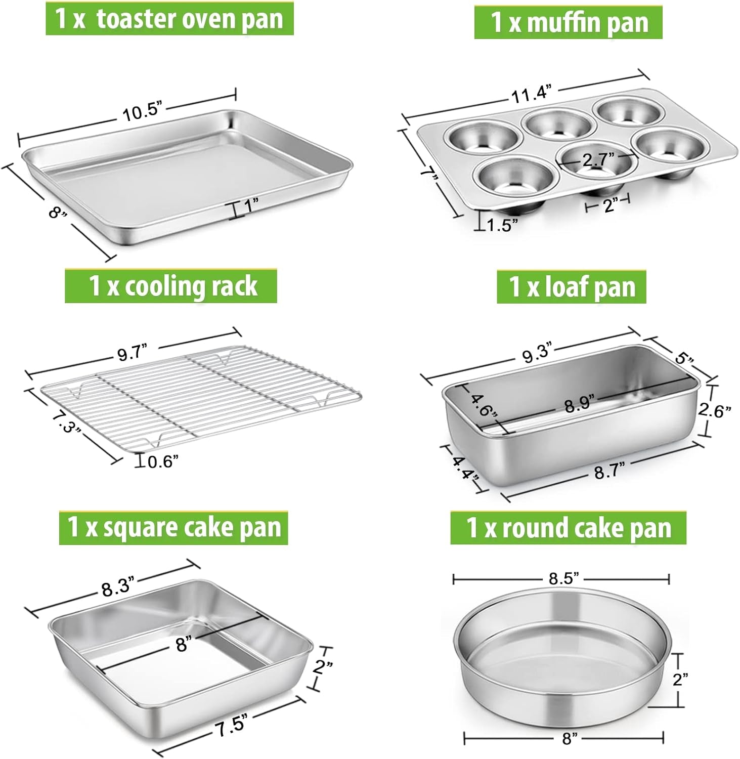 6-Piece Small Toaster Oven Pan Set, Stainless Steel Bakeware Set, Toaster Oven Tray with Rack, Square/Round Cake Pan, Loaf Pan & Muffin Pan, Non Toxic & Easy Clean