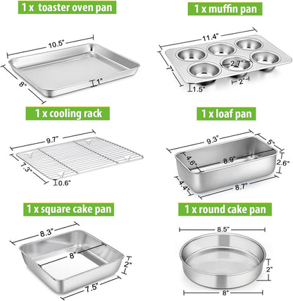 6-Piece Small Toaster Oven Pan Set, Stainless Steel Bakeware Set, Toaster Oven Tray with Rack, Square/Round Cake Pan, Loaf Pan & Muffin Pan, Non Toxic & Easy Clean