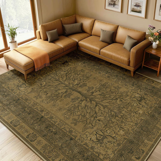 Area Rugs 8X10 Washable Rug for Living Room Vintage Floral Printed Low Pile Non Slip Indoor Botanical Soft Carpet for Bedroom Kitchen Room, Brown