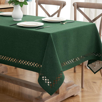 Hunter Green Thick Polyester Linen Rectangle Tablecloth with Decorative Cutouts, Waterproof, Stain and Wrinkle Resistant, Ideal for Christmas and Holiday Dining, 52 x 70 Inches