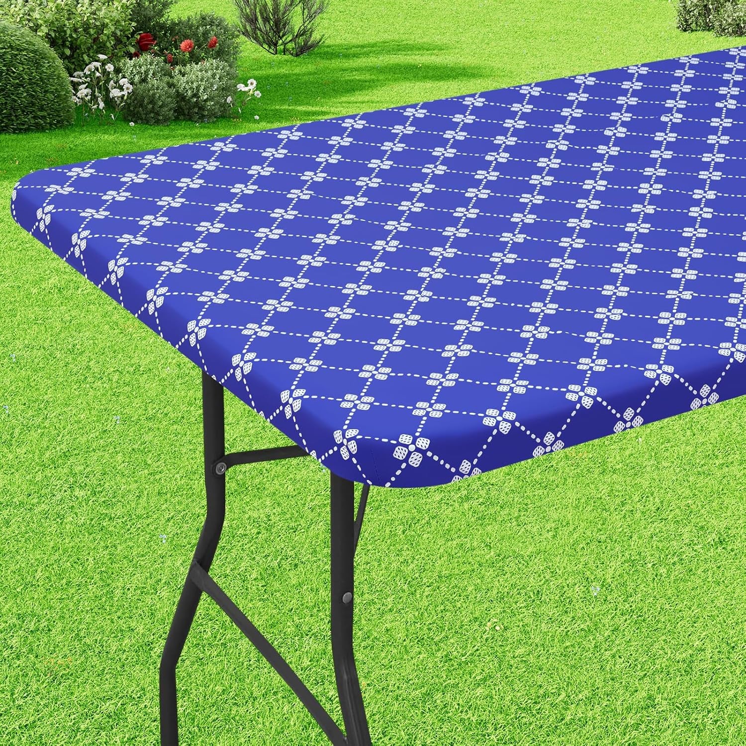 Rectangle Vinyl Table Cloth, Elastic Fitted Tablecloth with Flannel Backing, Waterproof Plastic Table Cover Fits 6 Foot Folding Tables for Camping, Indoor and Outdoor (Blue, 30" X 72")