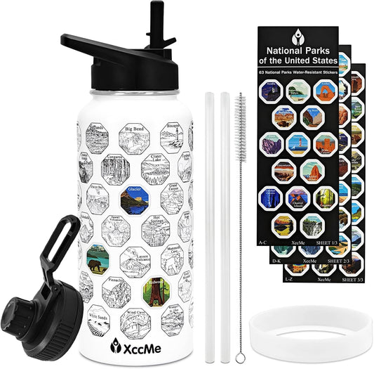 63 National Parks Water Bottle with Stickers,32 Oz Stainless Steel Insulated Water Bottle with Straws,2 Lids,Leak Proof Metal Water Cup for Hiking,Travel,Sports,Camping,Wide Mouth Bottle