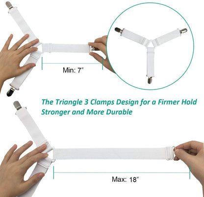 Bed Sheet Fasteners, Adjustable Mattress Suspenders, Mattress Cover Straps, Bed Corner Holder and Keepers and the Bed Sheet Grippers Clips (Triangle White Set of 4)