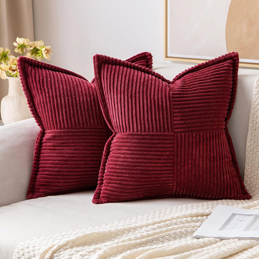 Christmas Decorative Throw Pillow Covers for Couch Bed Livingroom 18X18 Inch Set of 2 Burgundy Boho Accent Throw Pllows Broadside Striped Patchwork Soft Corduroy Pillowcases