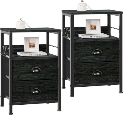 Nightstands Set 2, End Tables with 2 Fabric Drawers, Bedside Tables with Hooks and Shelf, Side Tables for Bedroom/Living Room/Study/Black Oak