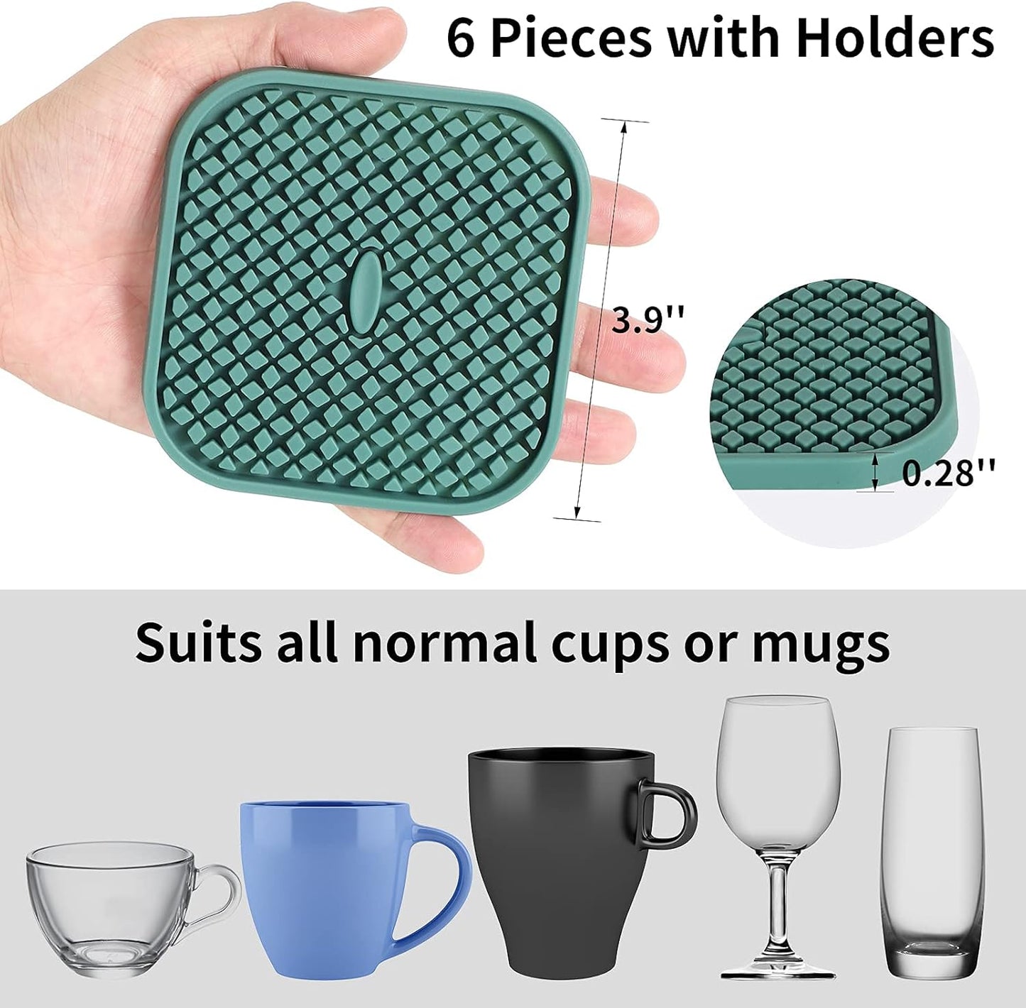 Silicone Coasters with Holder [6 Pack] Square Drink Cup Mat - Non-Slip, Non-Stick, Stay Put, Deep Tray - Prevents Furniture and Tabletop Damages Black