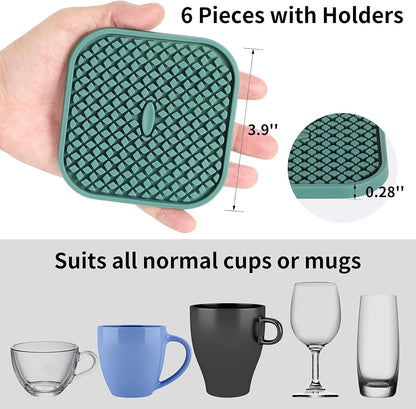 Silicone Coasters with Holder [6 Pack] Square Drink Cup Mat - Non-Slip, Non-Stick, Stay Put, Deep Tray - Prevents Furniture and Tabletop Damages Black