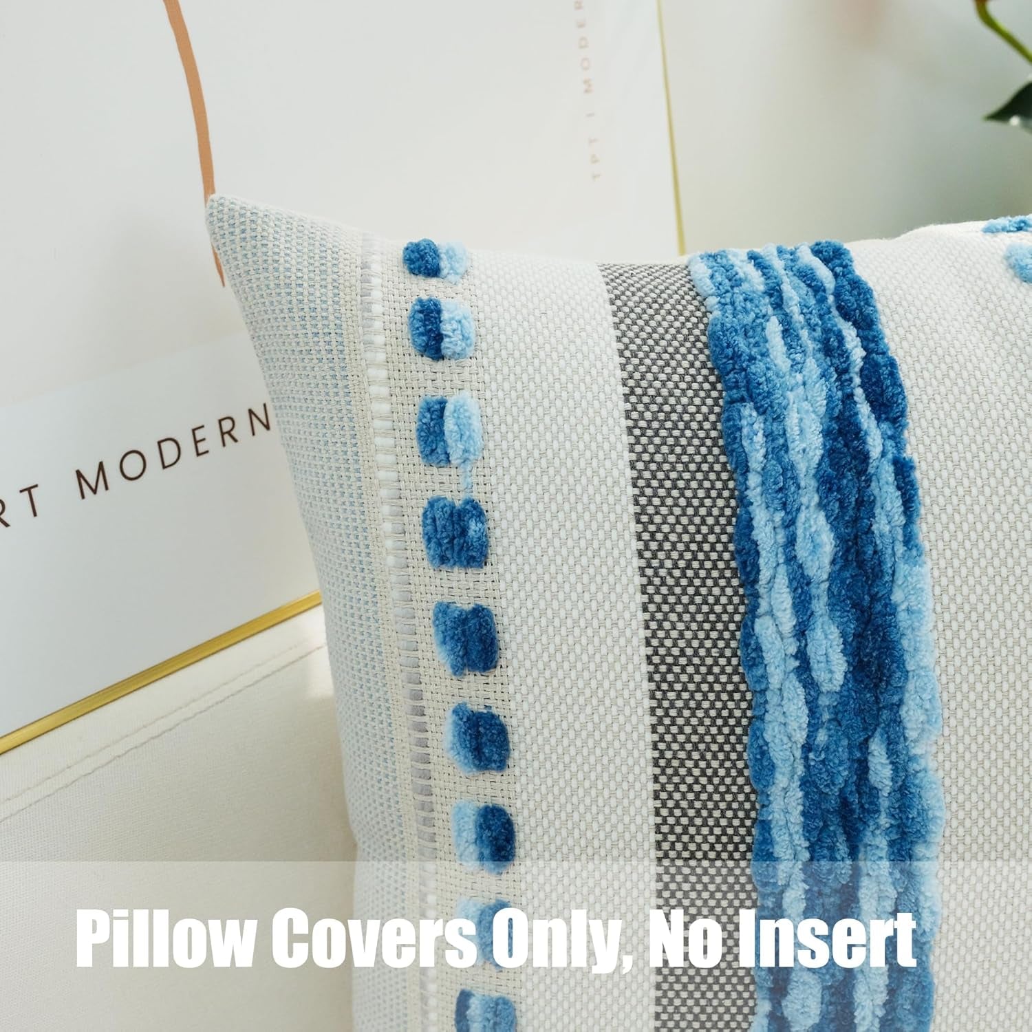 Pack of 2 Boho Throw Pillow Covers Accent Striped Pillowcovers Farmhouse Decorative Cushion Case Home Decor 18 X 18 Inch Blue