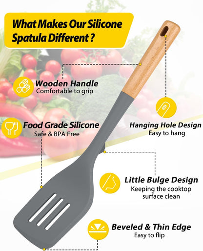 Pack of 2 Large Silicone Spatula, Heat Resistant Solid Turner, Non Stick Slotted Spatulas with Wooden Handle, Ideal Kitchen Utensils for Flipping, Pancakes, Eggs, Fish(Gray)