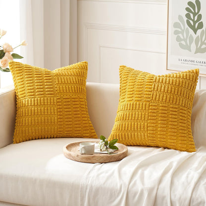 Set of 2 Mustard Yellow Decorative Pillow Covers 18X18 Inch Textured Striped Patchwork Accents Farmhouse Boho Soft Corduroy Couch Pillows for Sofa Living Room Bed Home Decor