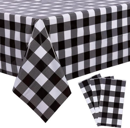3 Packs Black Gingham Tablecloths 54 X 108 Inch Black and White Checkered Tablecloth Disposable Plastic Plaid Picnic Tablecover Waterproof Fall Checkered Table Cloth for Camping Halloween Party