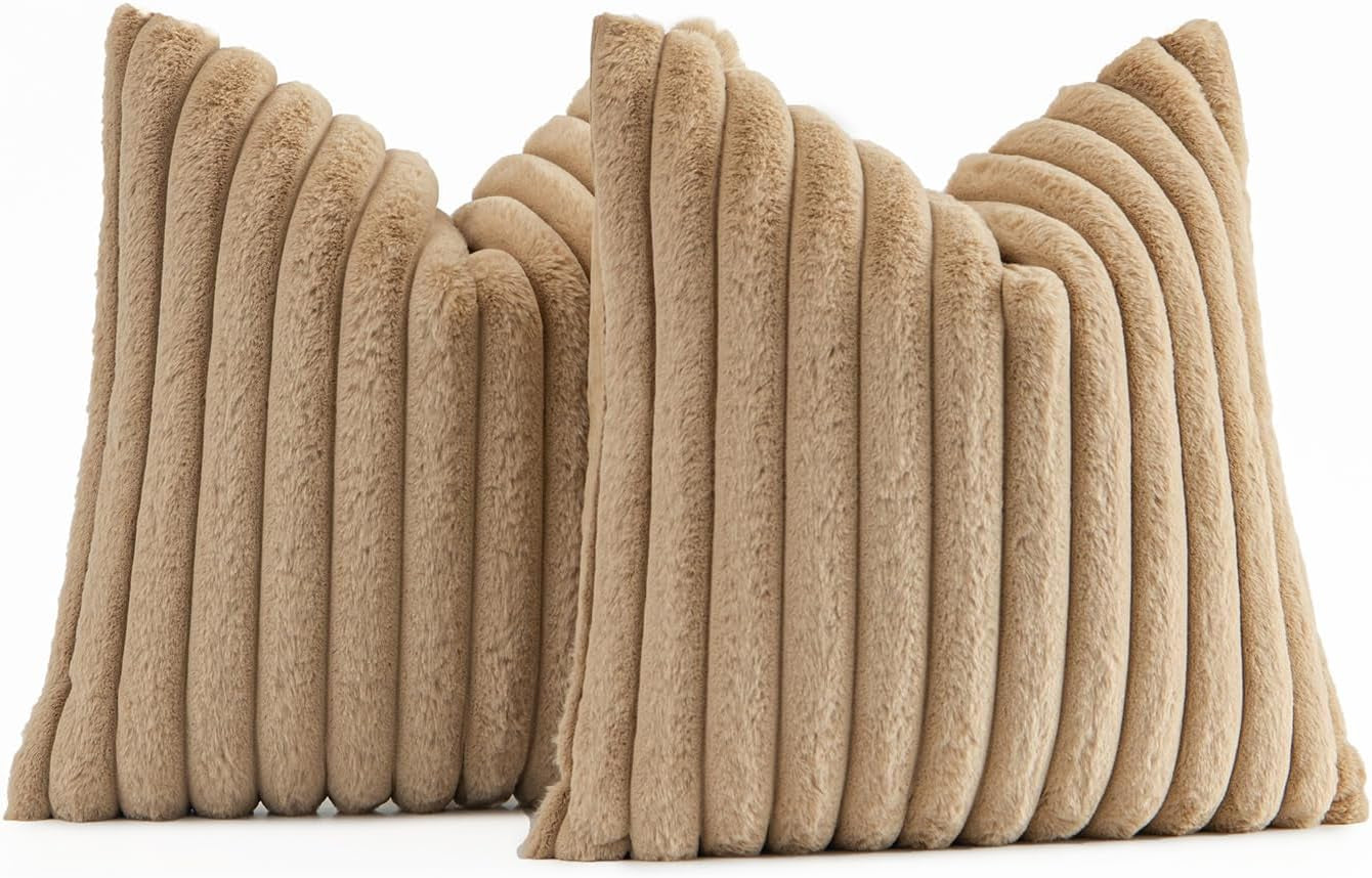 Faux Fur Plush Decorative Throw Pillow Covers Set of 2 Luxury Soft Fluffy Striped Pillowcases Cushion for Sofa Couch Bed Living Room Khaki 18X18 Inch