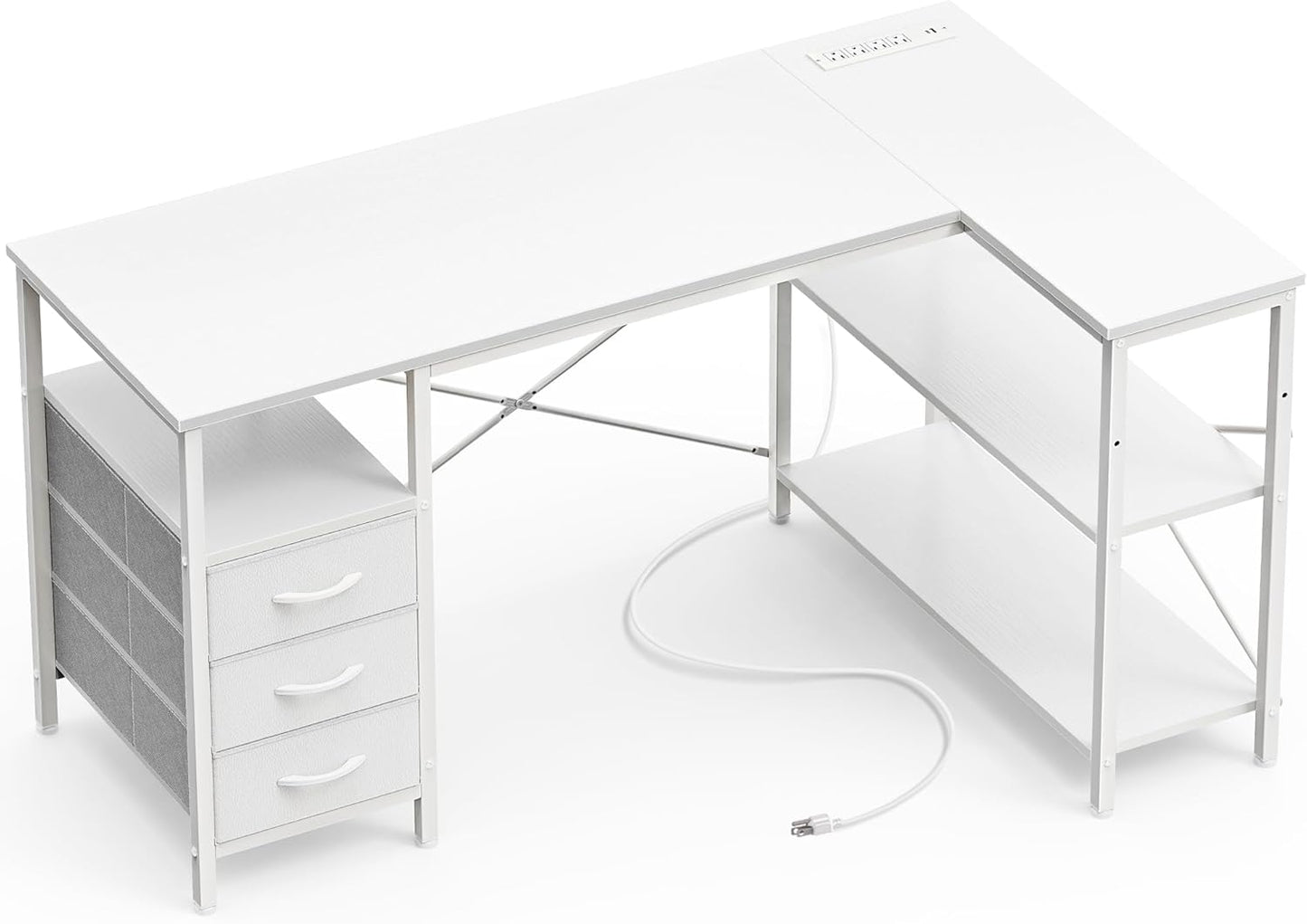 L-Shaped Office Desk with Power Outlets, 47-Inch Computer Desk Featuring 3 Drawers and Shelves for Gaming, Corner Work, Home Office, and Study - White Finish