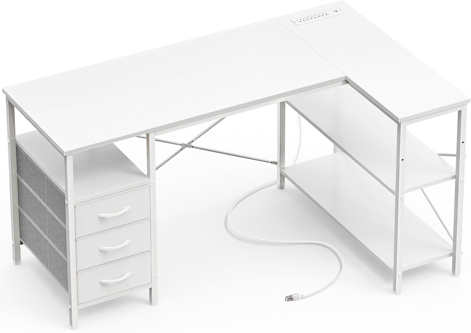L-Shaped Office Desk with Power Outlets, 47-Inch Computer Desk Featuring 3 Drawers and Shelves for Gaming, Corner Work, Home Office, and Study - White Finish