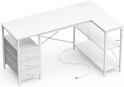 L-Shaped Office Desk with Power Outlets, 47-Inch Computer Desk Featuring 3 Drawers and Shelves for Gaming, Corner Work, Home Office, and Study - White Finish
