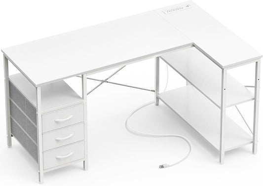 L-Shaped Office Desk with Power Outlets, 47-Inch Computer Desk Featuring 3 Drawers and Shelves for Gaming, Corner Work, Home Office, and Study - White Finish
