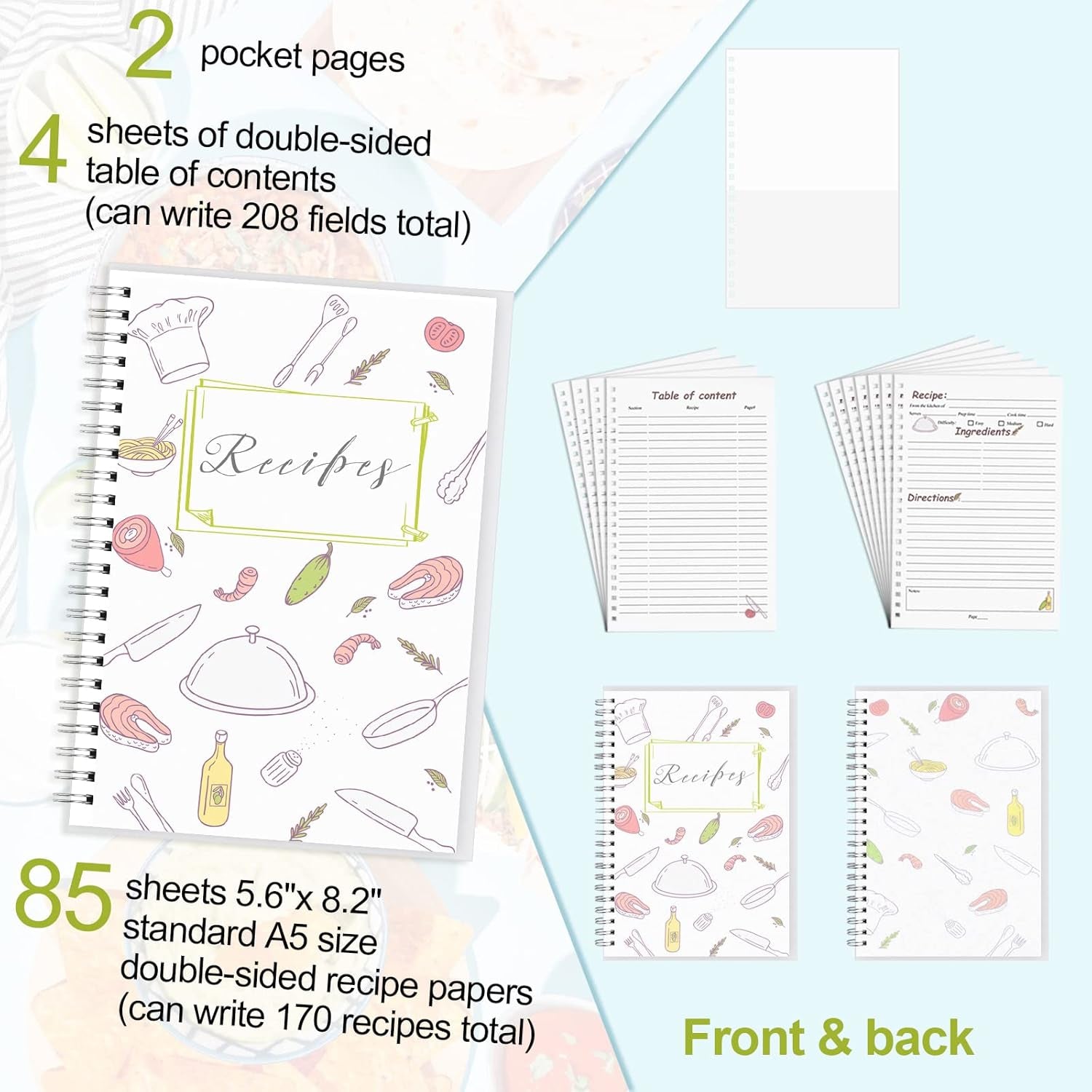 Recipe Book, 5.6"X 8.2" Recipe Book to Write in Your Own Recipes, Blank Recipe Book, Recipe Notebook, Recipe Journal Hold 170 Recipes