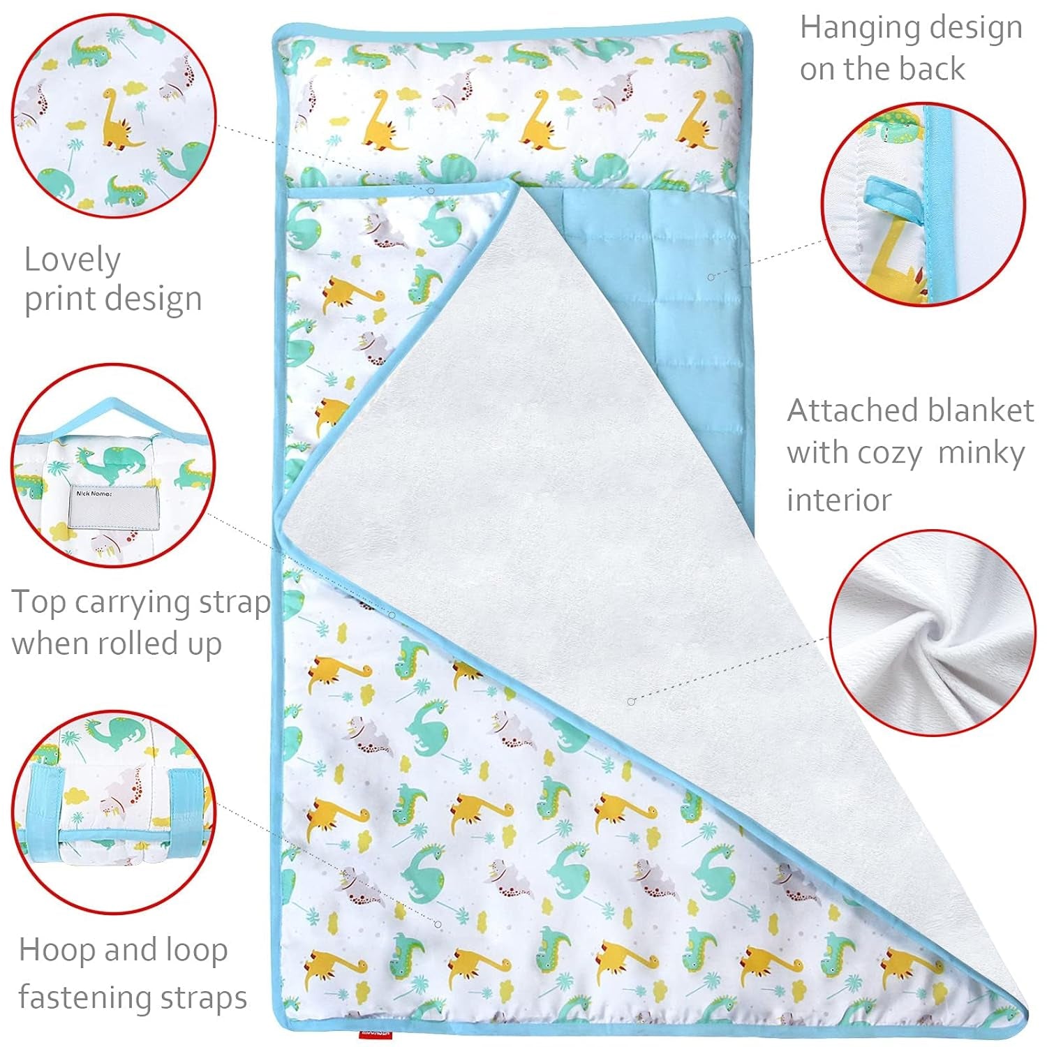 Nap Mat for Toddlers Dinosaur and Fleece Minky Blanket, Lightweight Perfect for Kids Preschool, Daycare, Travel Sleeping Bag Boys Girls, 21" X 50" Fit on a Standard Cot