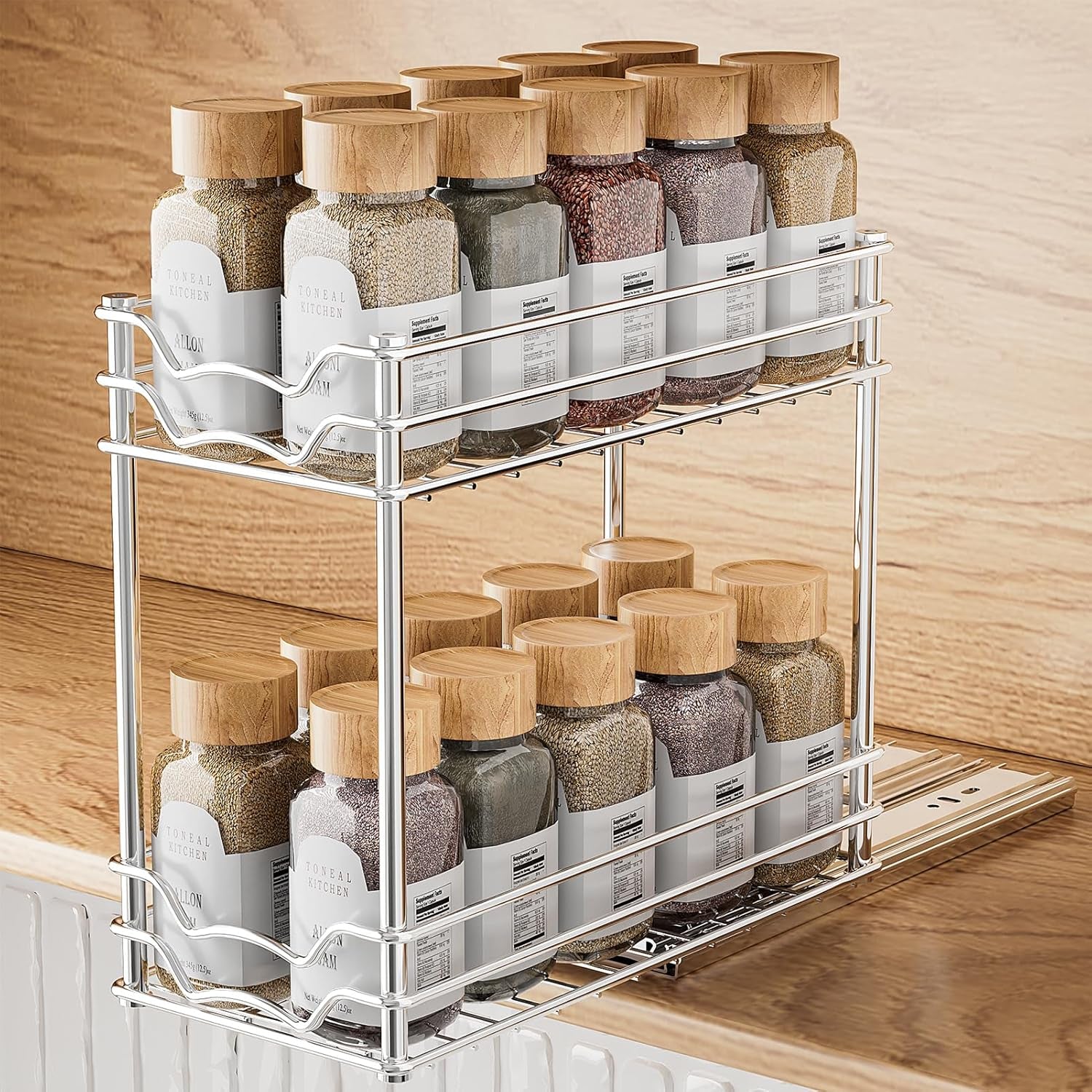 Pull Out Spice Rack Organizer for inside Cabinet, Slide Out Spice Organization for Cabinet, 4.9''Wx10.4''Dx9.57''H, Chrome Vertical Sliding Seasoning Organizer - 2 Tier