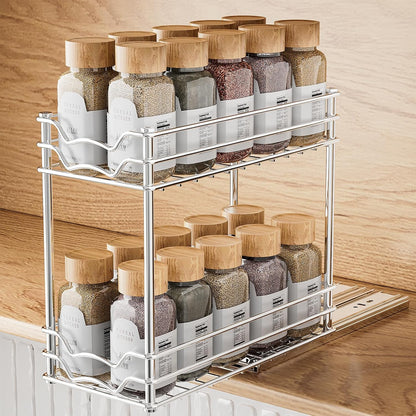 Pull Out Spice Rack Organizer for inside Cabinet, Slide Out Spice Organization for Cabinet, 4.9''Wx10.4''Dx9.57''H, Chrome Vertical Sliding Seasoning Organizer - 2 Tier