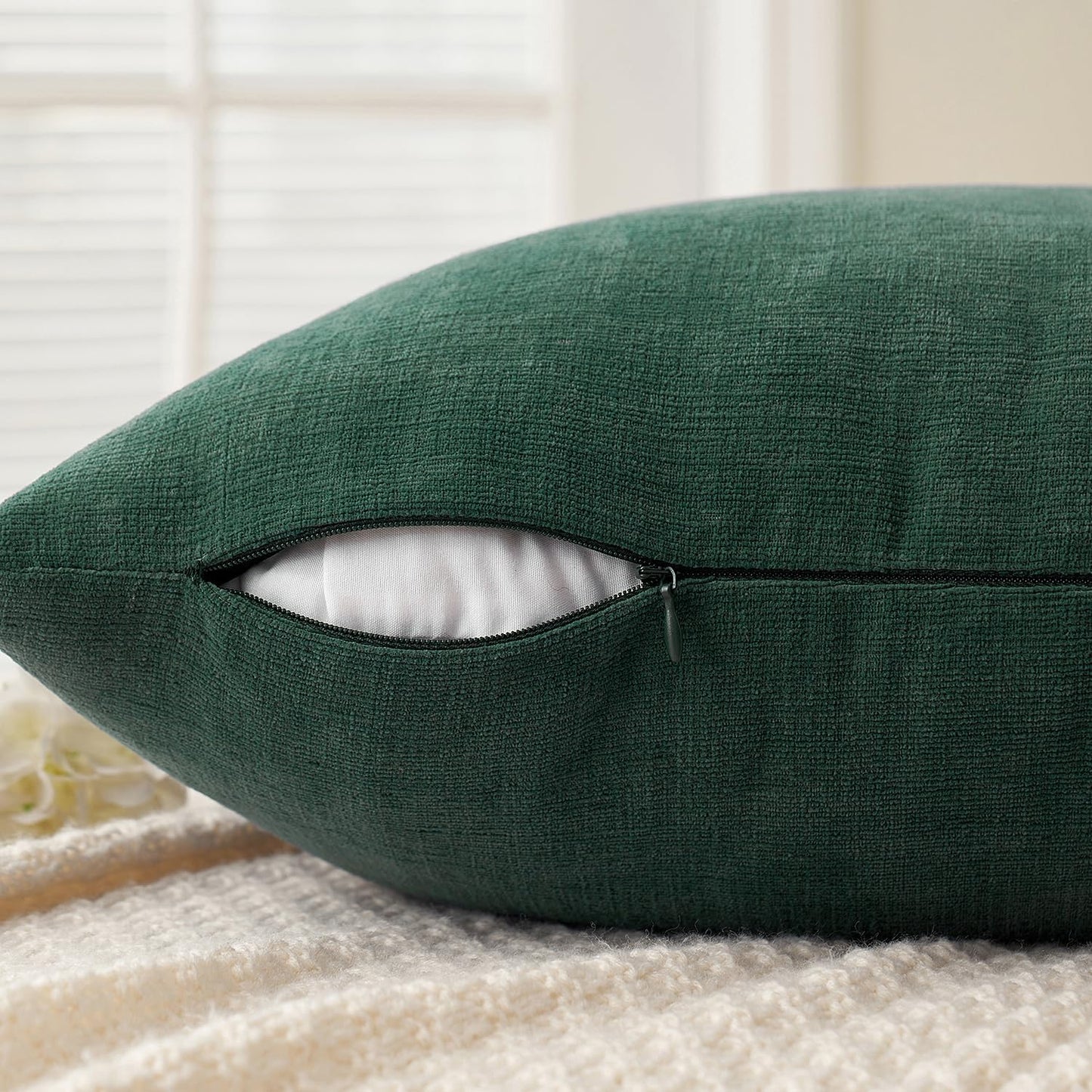 Dark Green Couch Pillow Covers 18X18 Inch, Set of 2 Soft Chenille Decorative Square Throw Pillow Covers Christmas Farmhouse for Sofa Living Room Bed