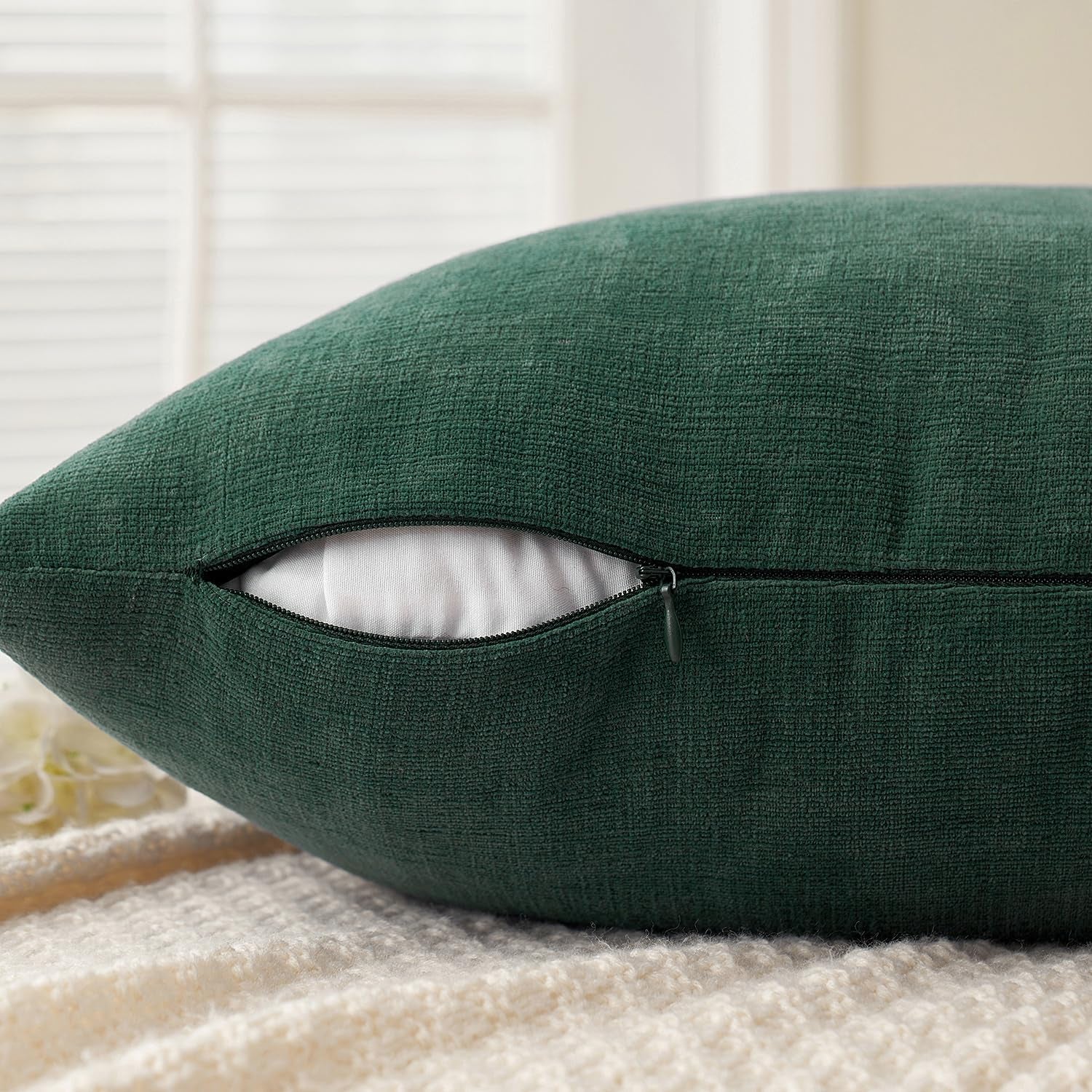 Dark Green Couch Pillow Covers 18X18 Inch, Set of 2 Soft Chenille Decorative Square Throw Pillow Covers Christmas Farmhouse for Sofa Living Room Bed