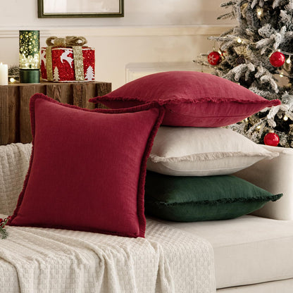 Linen Pillow Covers 18X18 Inch Decorative Throw Pillows with Fringe Pack of 4 Soft Farmhouse Boho Couch Pillows Home Decors for Sofa Cushion Living Room Bed Dark Green and Burgundy