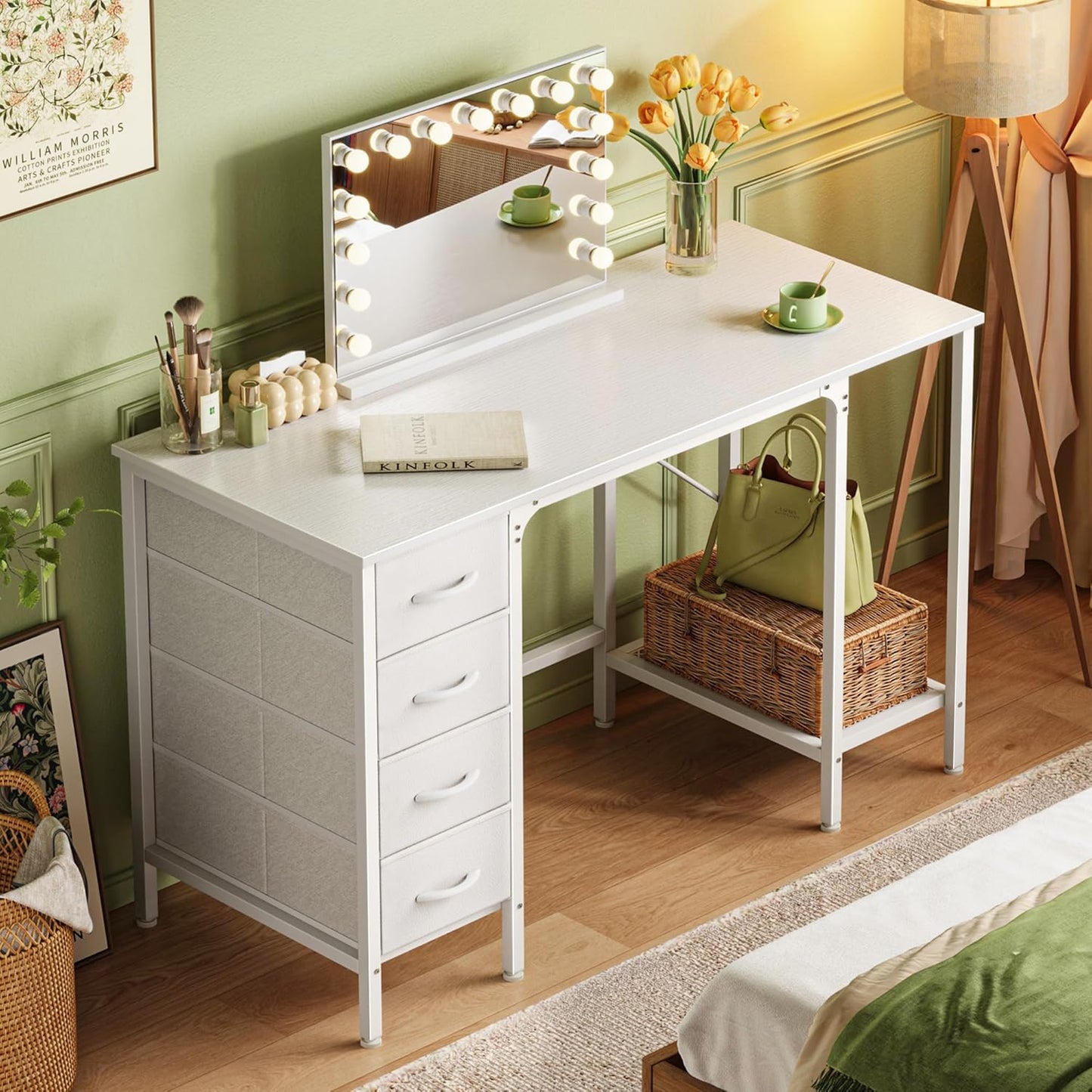 47-Inch White Desk with Four Drawers and Mesh Shelf, Versatile Study and Computer Table for Home Office and Bedroom