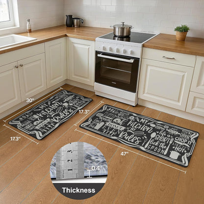 anti Fatigue Kitchen Mats for Floor, Non Slip Washable Kitchen Rules Theme Rugs Sets of 2, Farmhouse Cushioned Waterproof Comfort Runner Rug for Kitchen, Sink, Laundry, 17"X 47"+17"X 30", Black