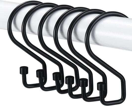 Shower Curtain Hooks, 12 Pcs S Shape Shower Curtain Rings, Rustproof Black Shower Curtain Rings, Multi-Functional Shower Hooks for Shower Curtain, Kitchen Utensils, Clothing, Towels, Black