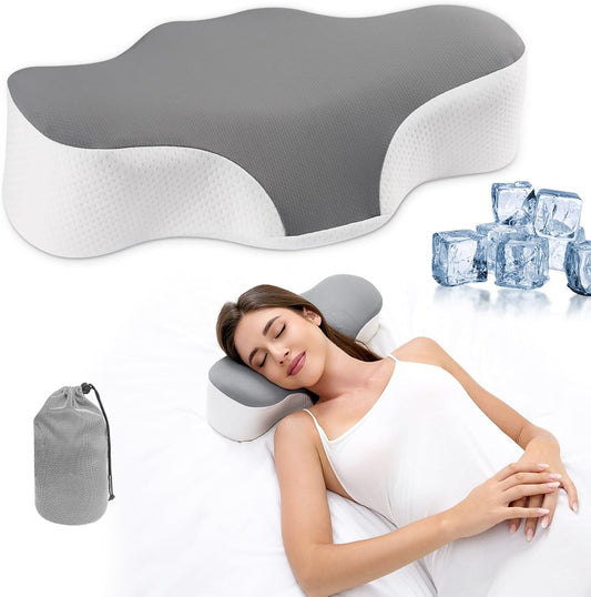 Travel Pillow for Sleeping,Cervical Neck Support Pillow for Neck Pain Relief,Lightweight Ergonomic Memory Foam Camping Pillow,Portable Contour Pillows W/Travel Storage Bag,Cooling Cover