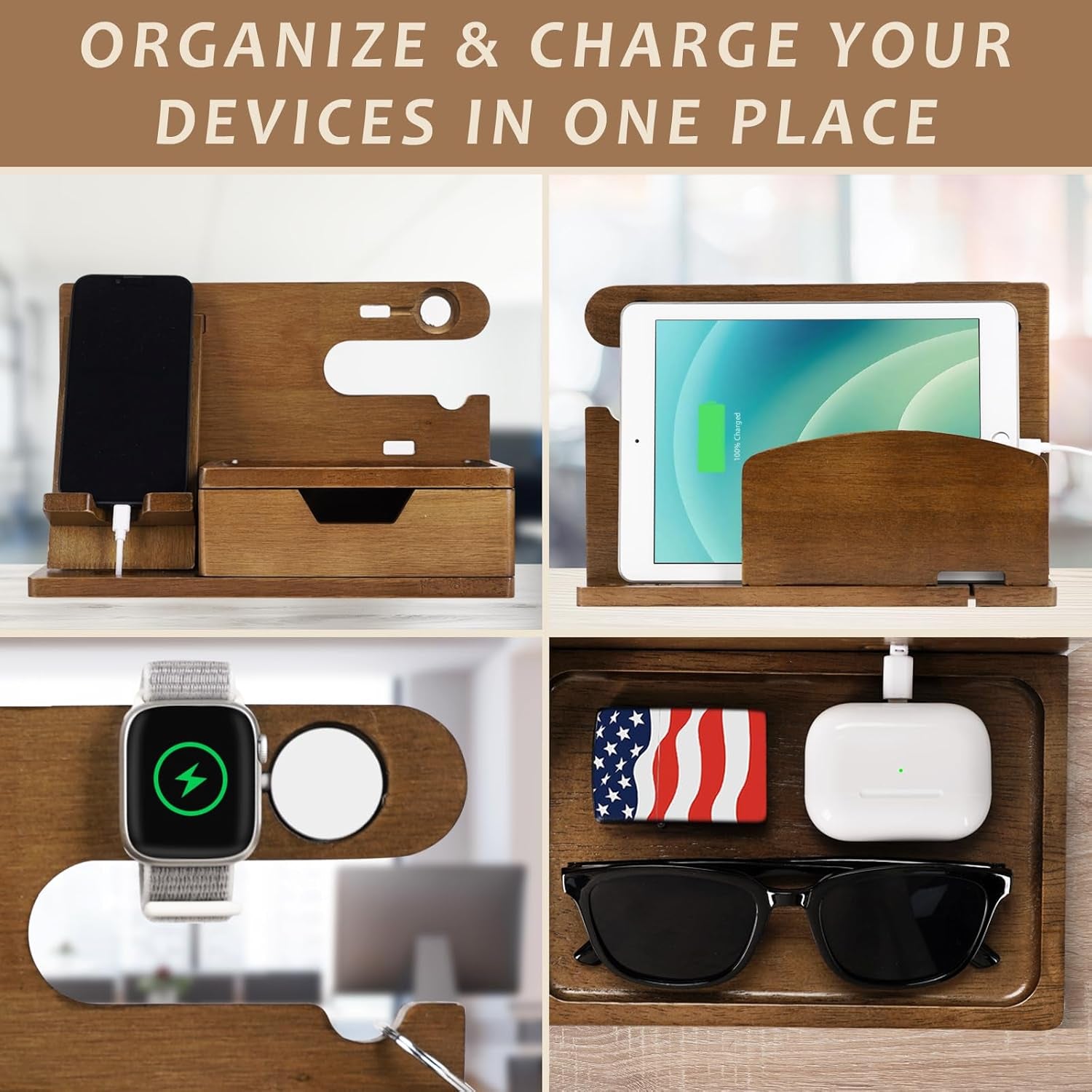 Gifts for Men Him Husband Dad, Wood Phone Docking Station with Drawer, Birthday Anniversary Men Him Husband Boyfriend Gifts from Girlfriend, Mens Nightstand Organizer Presents Ideas