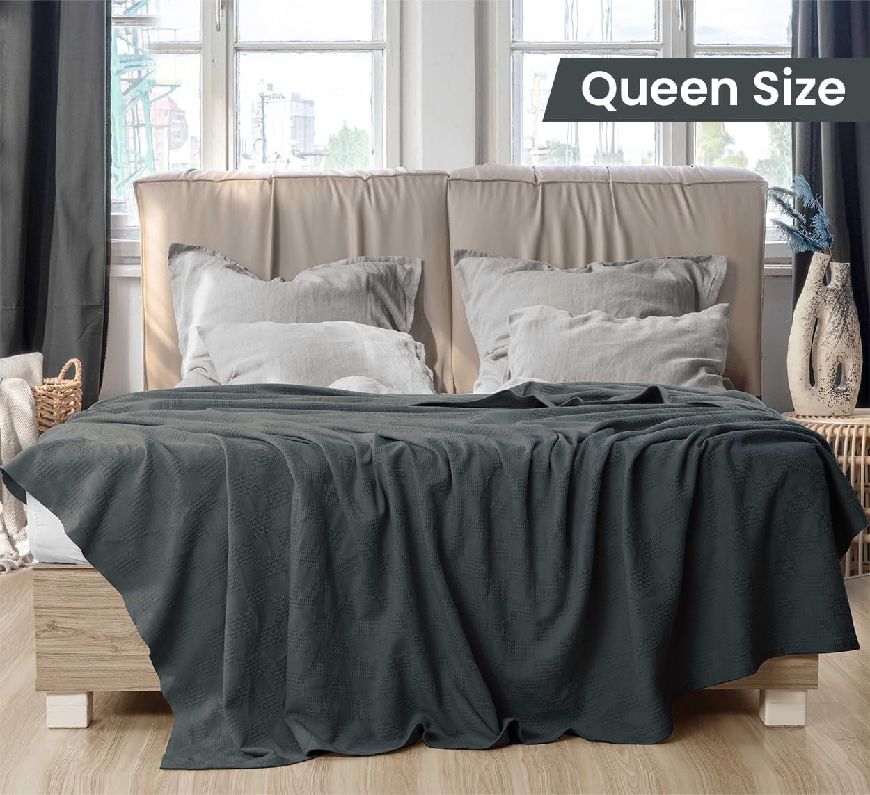 Smoke Gray 100% Cotton Blanket [Queen Size - 90X90 Inch] 350GSM Lightweight, Soft and Breathable Thermal Blanket for All Seasons