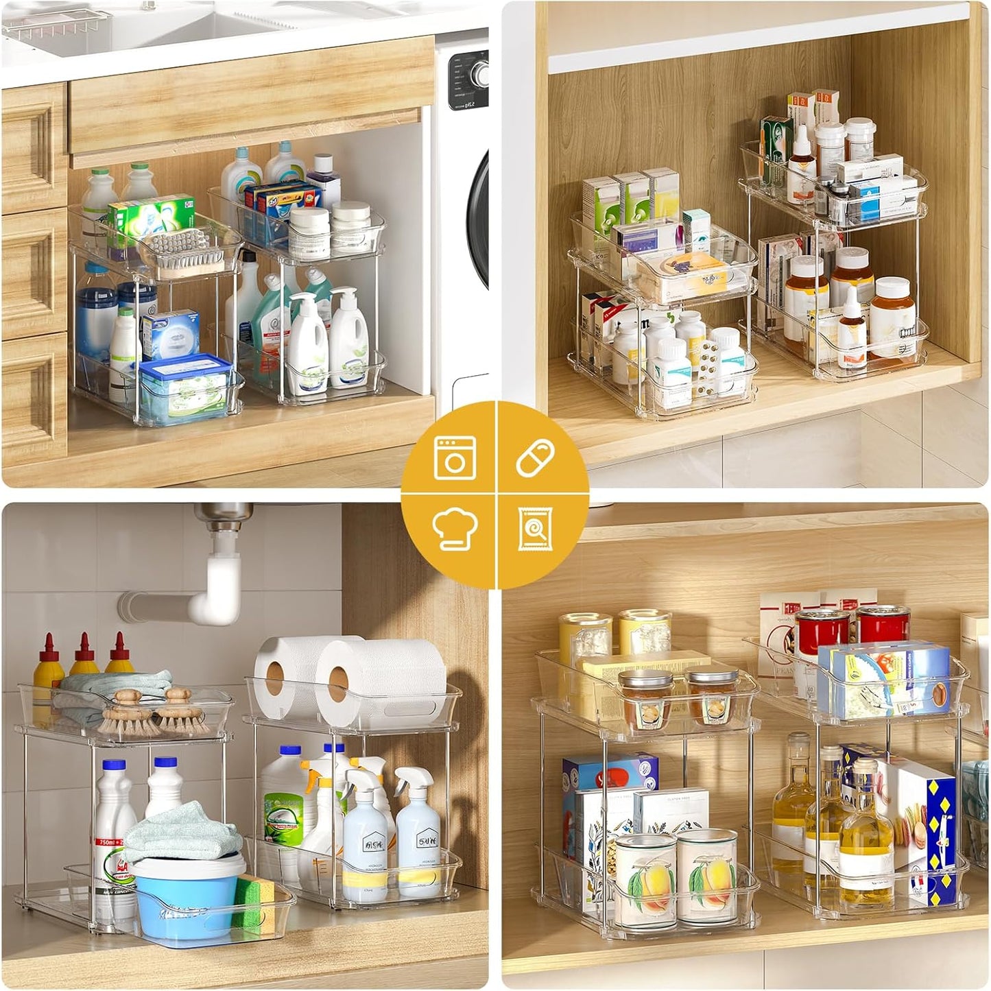 4 Pack Bathroom Organizers and Storage, 2 Tier Clear under Sink Organizer, Pull Out Medicine Cabinet Organizer