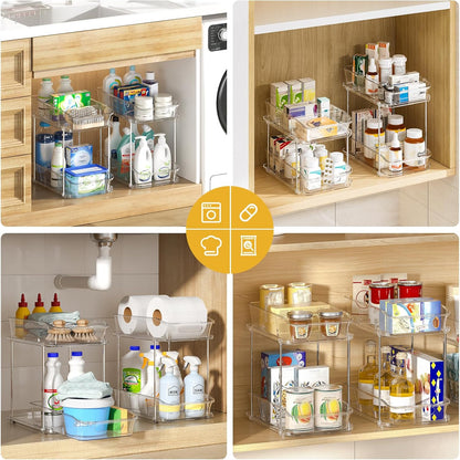 4 Pack Bathroom Organizers and Storage, 2 Tier Clear under Sink Organizer, Pull Out Medicine Cabinet Organizer