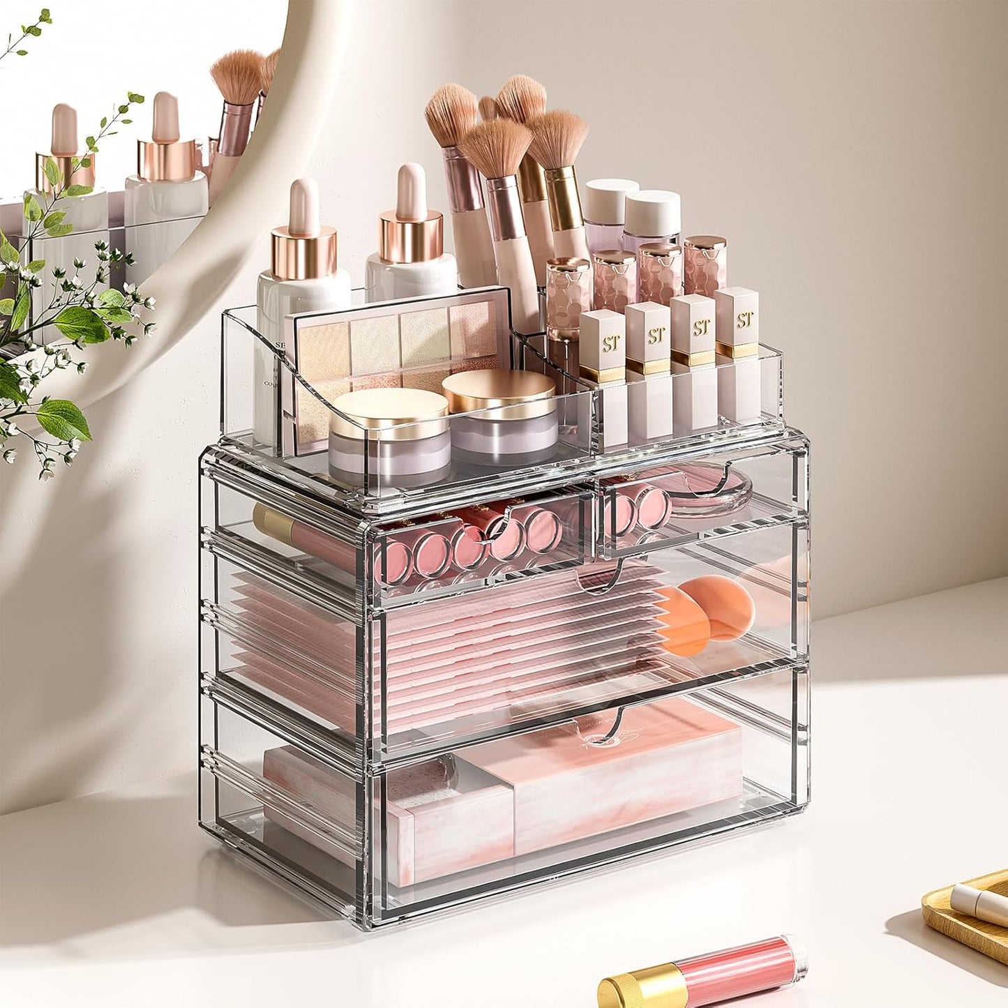 4-Tier Clear Makeup Organizer with Drawer - Stackable Acrylic Cosmetic Storage for Bathroom Vanity & Dresser Countertop, Make up & Jewelry Storage, Beauty Holder for Lipstick Brush Skincare